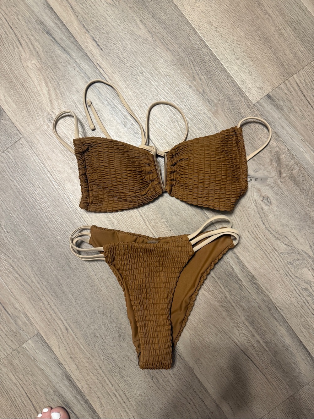 Textured Brown Two-Piece Bikini with Cream Straps